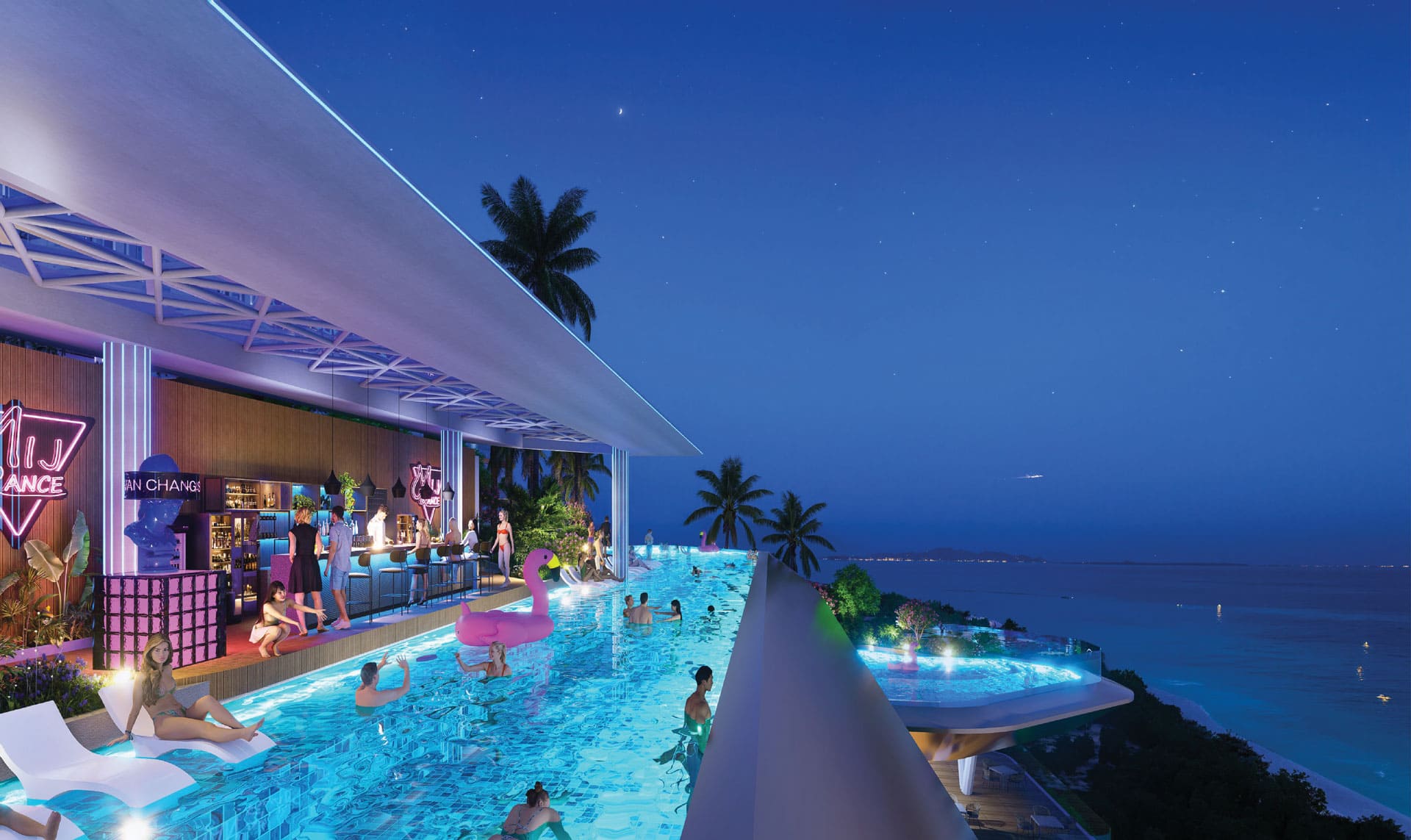 Hồ bơi sky bar Sunshine Bay Retreat rực sáng bên biển đêm, mở ra trải nghiệm thư giãn và ngắm trọn đường chân trời.