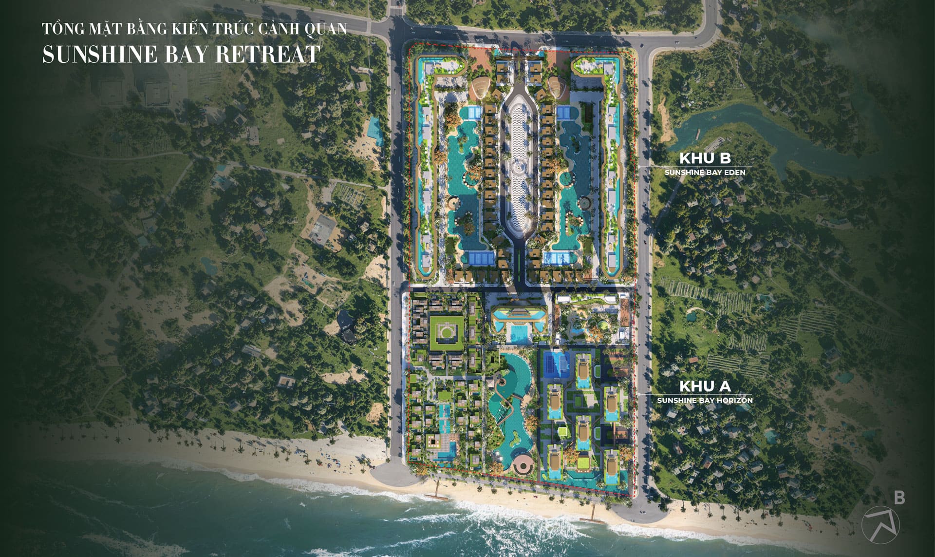 Master plan Sunshine Bay Retreat phác họa một siêu tổ hợp Integrated Resort 4.0 quy mô 20ha, nổi bật với triết lý thiết kế ôm trọn 320m bãi biển Chí Linh.