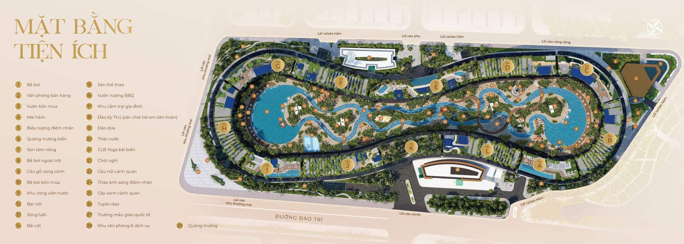 Mặt bằng tiện ích Noble Crystal Riverside mở ra hệ sinh thái nghỉ dưỡng đồng bộ, nơi cảnh quan xanh, mặt nước trung tâm và chuỗi trải nghiệm thượng lưu được kết nối liền mạch.